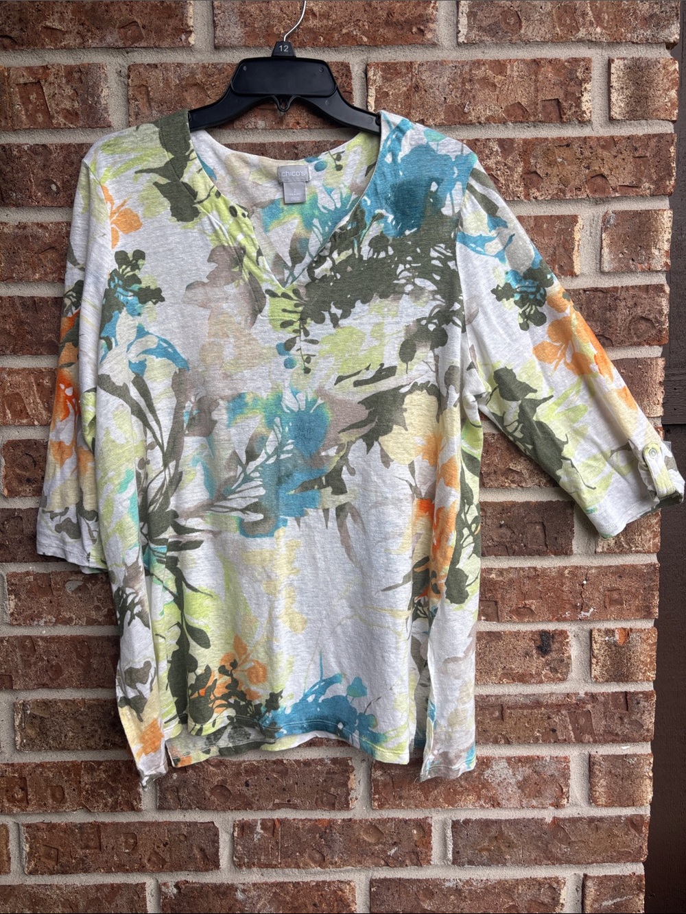 Chicos art to wear linen Floral Print 3/4 Sleeve Women’s tunic Top in Multicolor